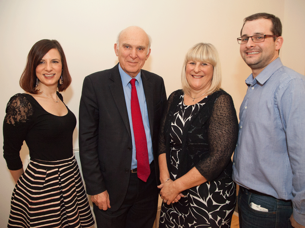 GB. WALES, Newport. Liberal Democrats meeting at the Lysaght Institute in Newport, as part of their #LibDemFightback campaign. Pictured are Liz Mewton, Vince Cable, Veronica German and Paul Halliday. 2016.
