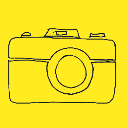 Logo for Newport Photomarathon which is a the outline of a camera in a niave style of drawing, in black ink over a canary yellow background